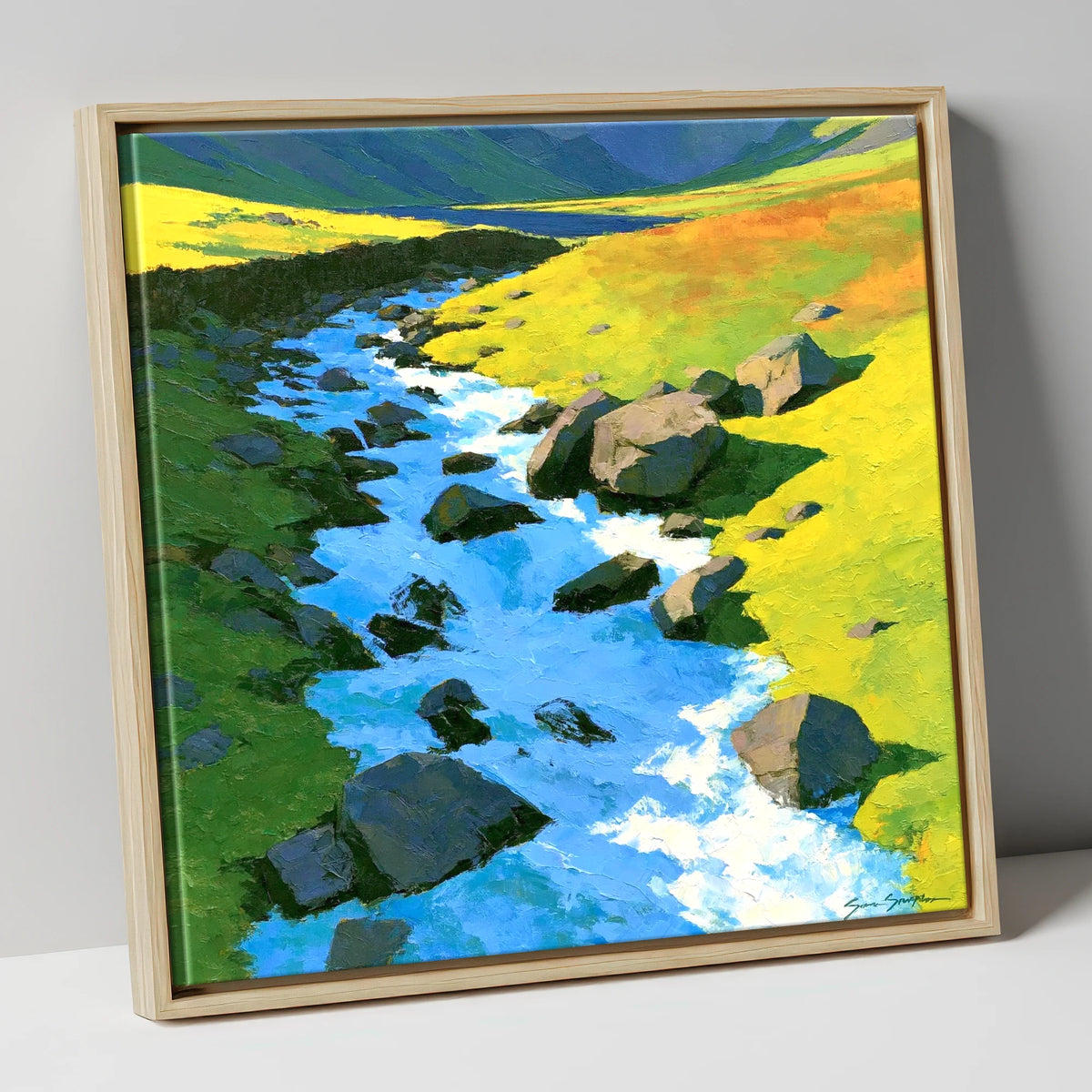 Cobalt Blue Fellside Beck lake district waterfall canvas wall art in natural frame