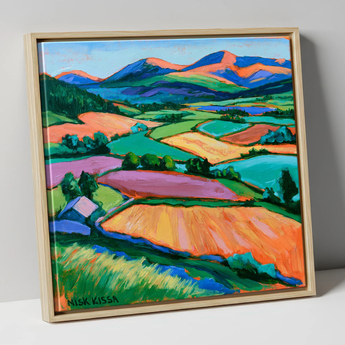 Vibrant Patchwork Fields in a Dale lake district valley canvas wall art in natural frame