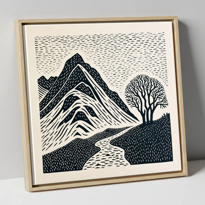 Graphic Bowfell and Lone Tree lake district fell canvas wall art in natural frame