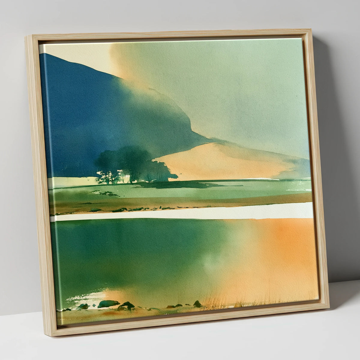 Ink Blue Fells and Lake lake district lake canvas wall art in natural frame