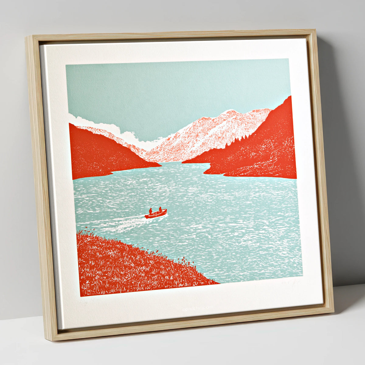 Coniston Water in Vivid Red lake district lake canvas wall art in natural frame