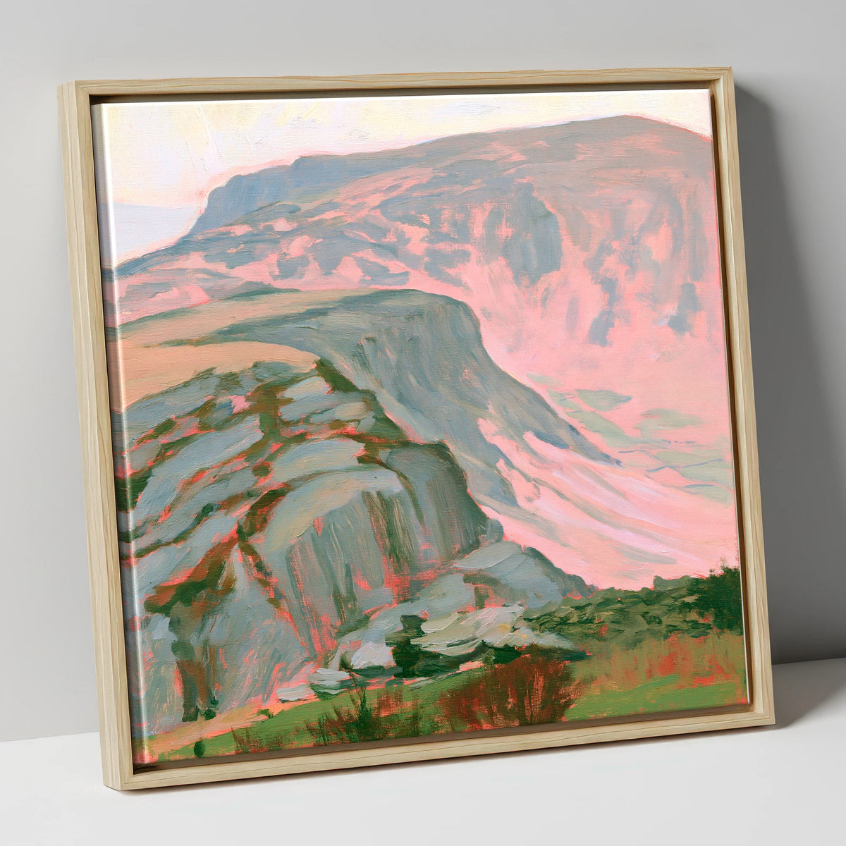 Pastel Pink Mountain Ridge lake district fell canvas wall art in natural frame