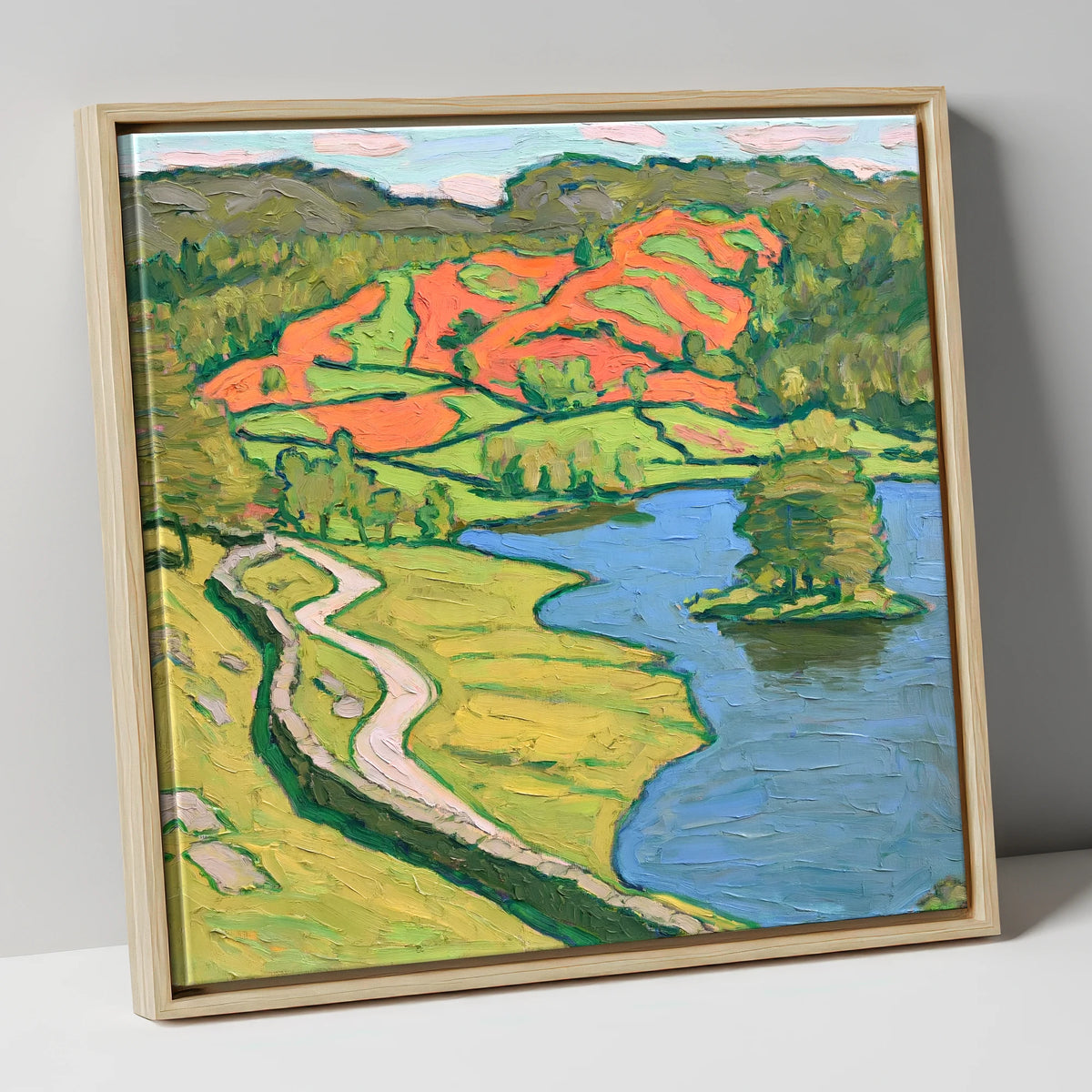 Vibrant Rydal Water Shore Path lake district lake canvas wall art in natural frame