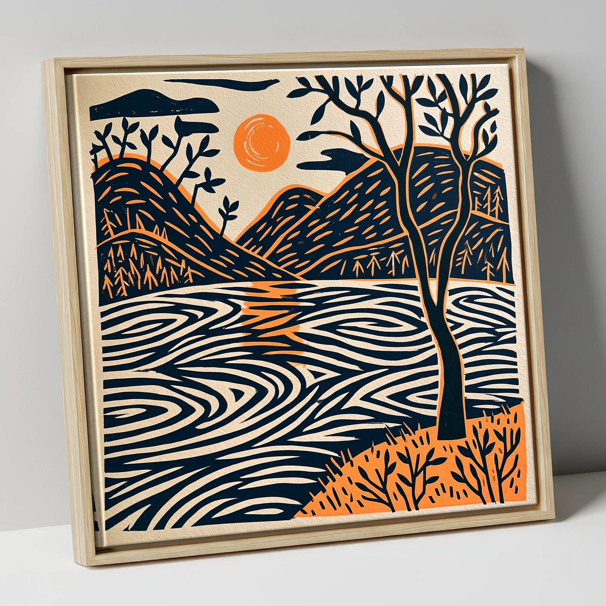 Dawn Lake in Terracotta and Navy lake district lake canvas wall art in natural frame