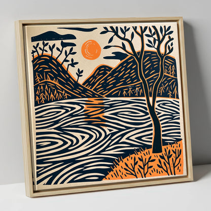 Dawn Lake in Terracotta and Navy lake district lake canvas wall art in natural frame