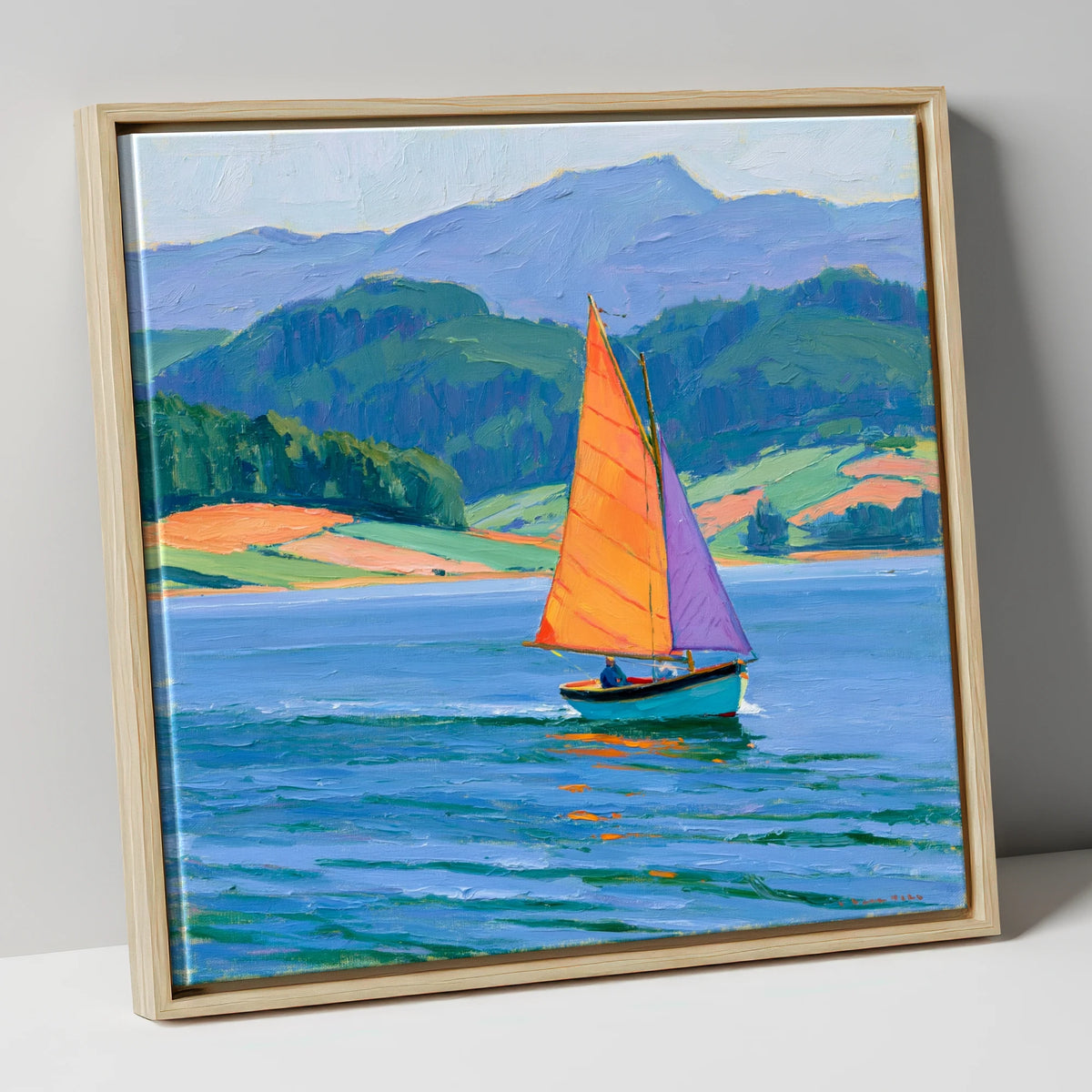 Sailing Boat on Breezy Lake lake district walking canvas wall art in natural frame