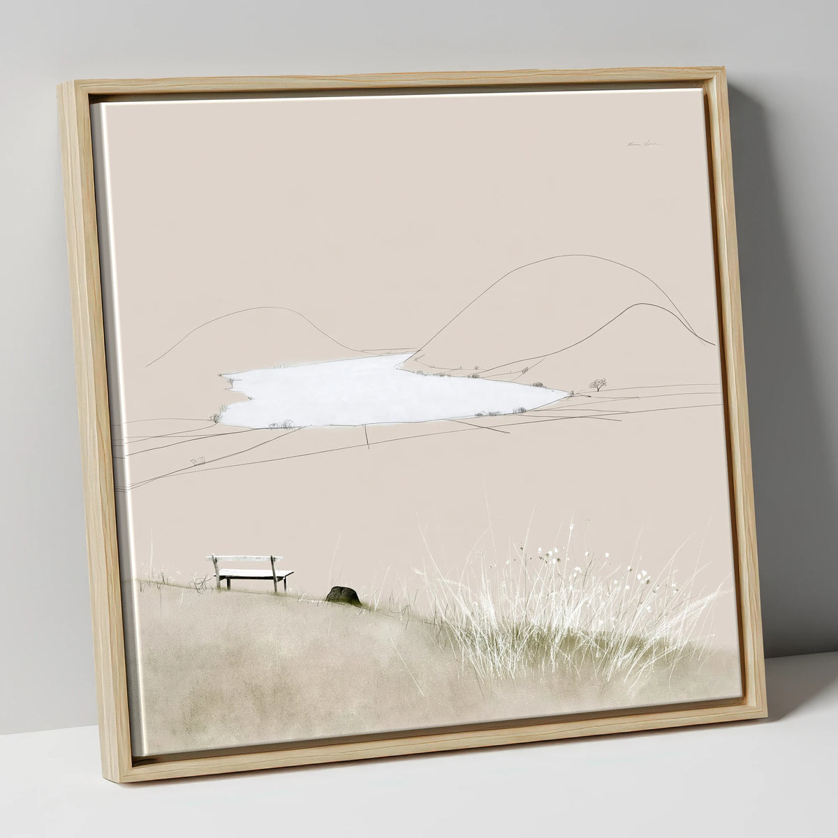 Loweswater Bench in Neutral Tones lake district lake canvas wall art in natural frame