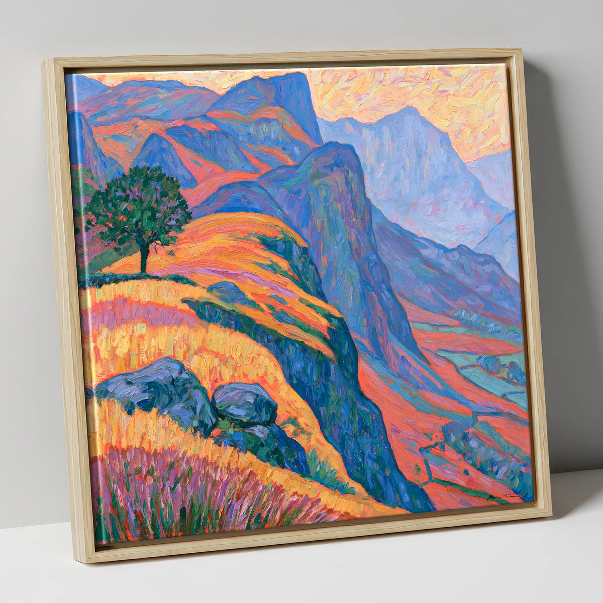 Lone Tree on Misty Mountain Ridge lake district fell canvas wall art in natural frame