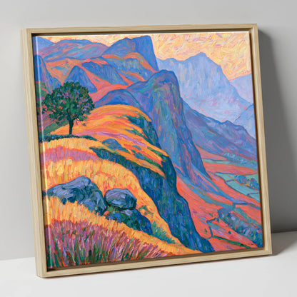 Lone Tree on Misty Mountain Ridge lake district fell canvas wall art in natural frame