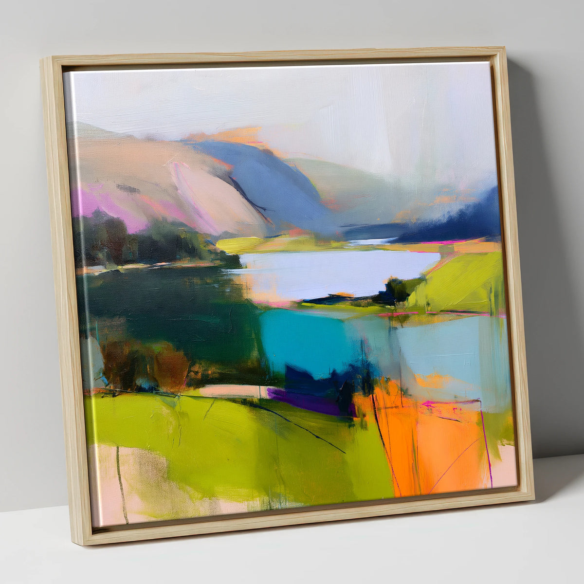 Teal Lake with Magenta Fells lake district lake canvas wall art in natural frame