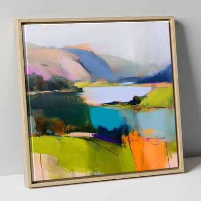 Teal Lake with Magenta Fells lake district lake canvas wall art in natural frame