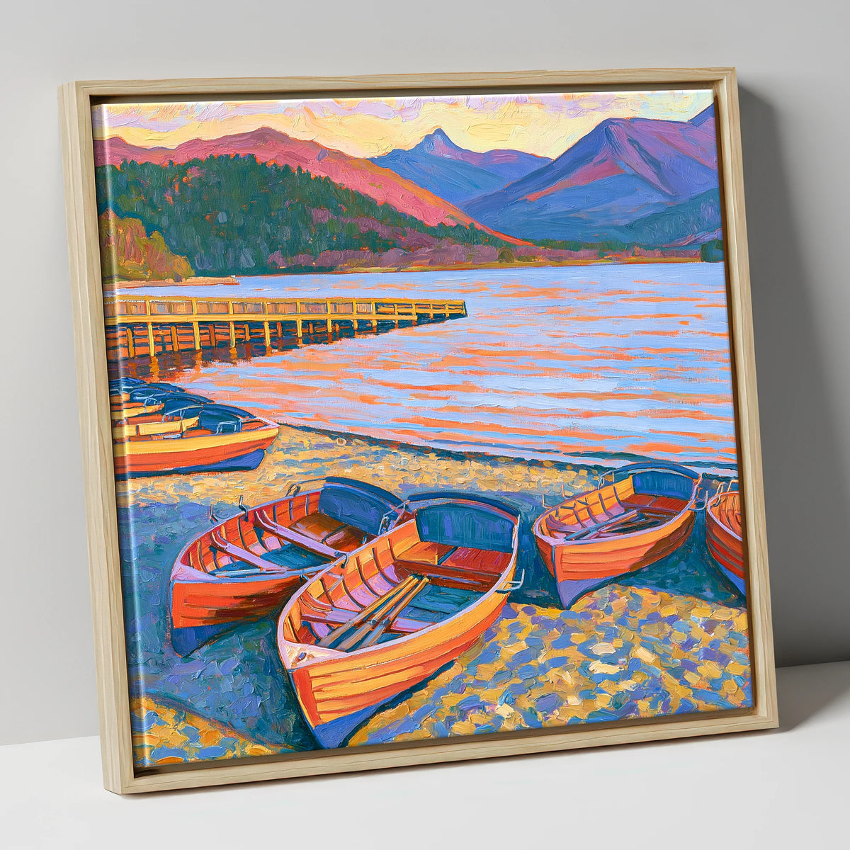 Orange Rowing Boats on Windermere lake district lake canvas wall art in natural frame