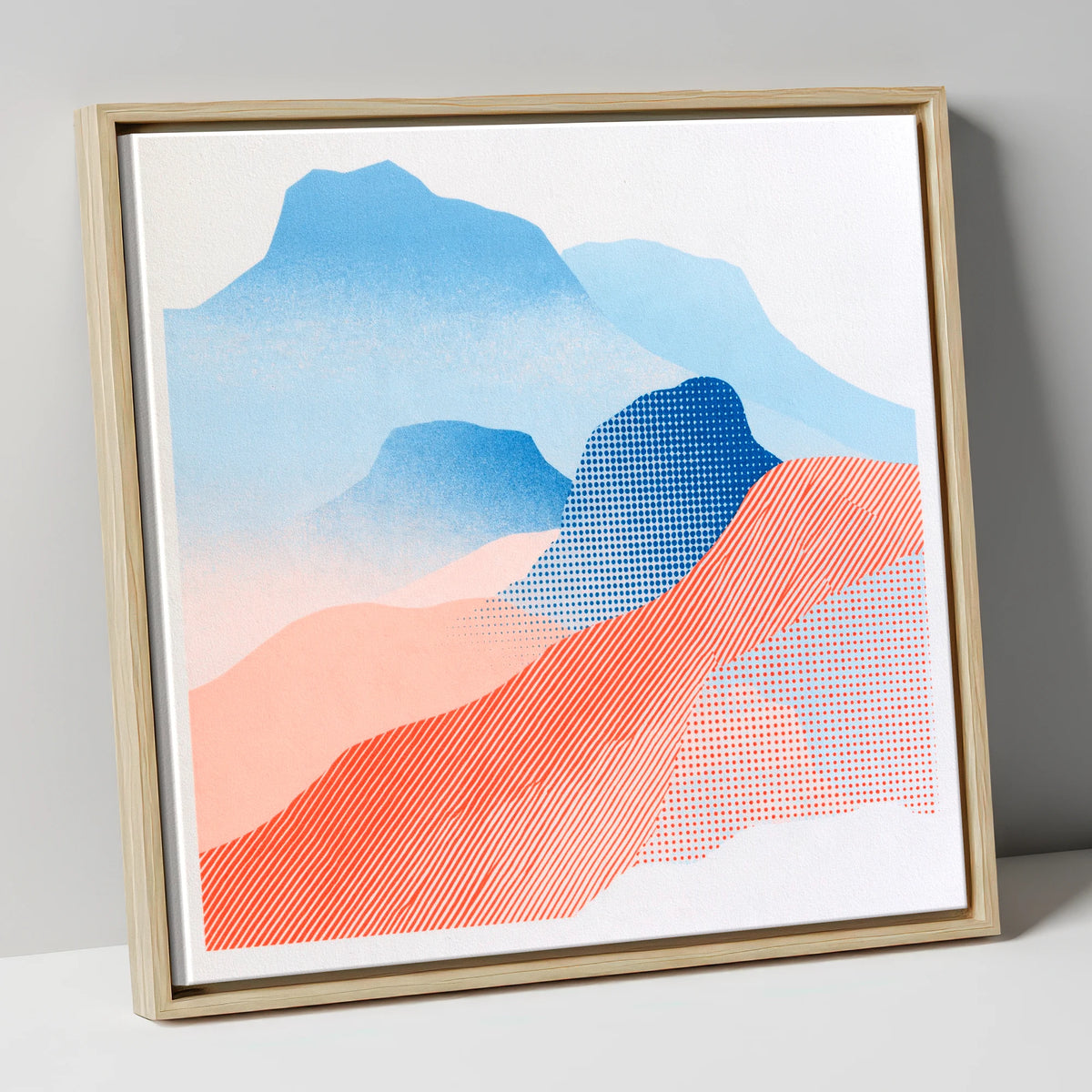 Coral and Blue Langdale Pikes lake district fell canvas wall art in natural frame