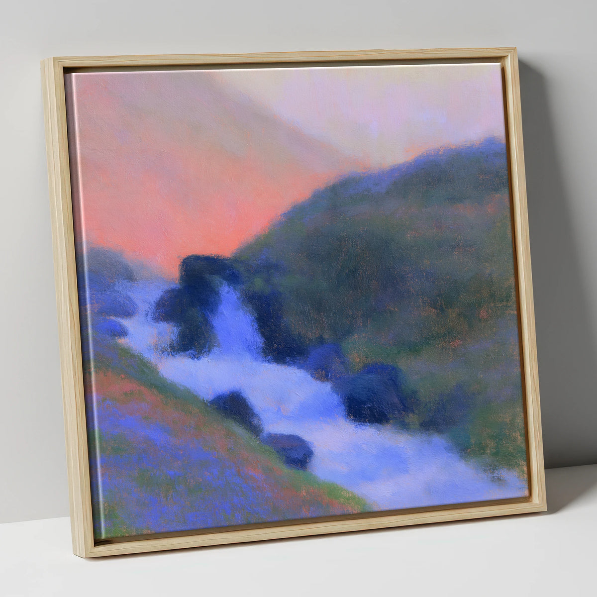 Fellside Beck in Peach Twilight lake district waterfall canvas wall art in natural frame