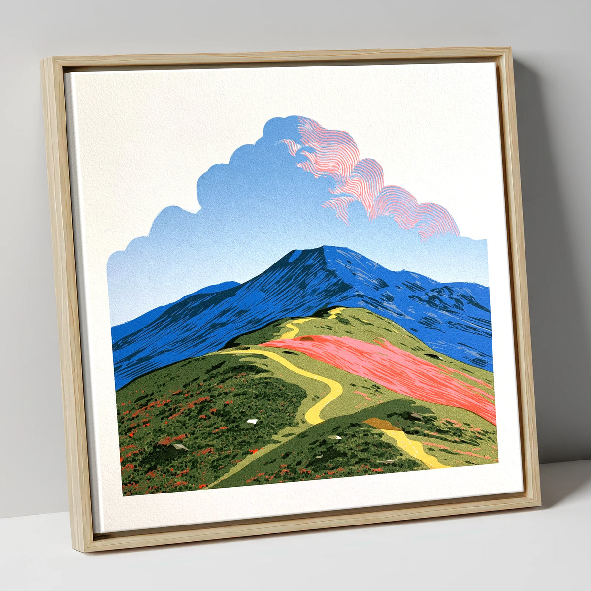 Yellow Path Over Rolling Fells lake district fell canvas wall art in natural frame