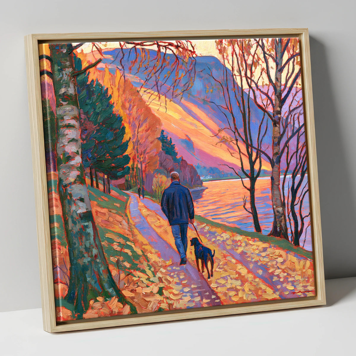 Autumn Dog Walk at Glenridding gifts for dog walkers canvas wall art in natural frame