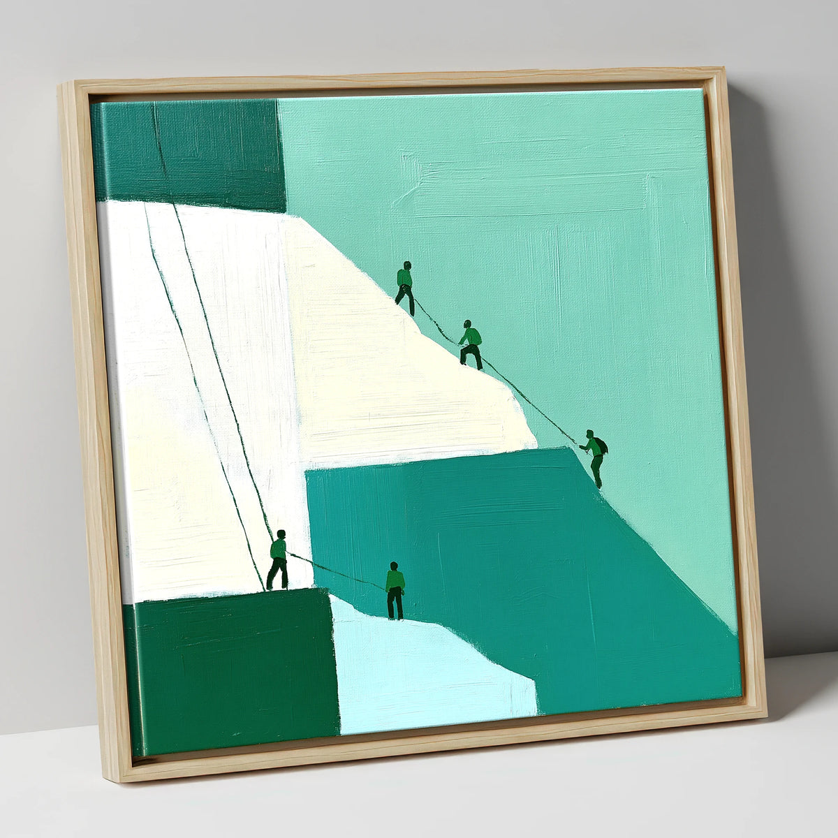 Climbers on a Teal Crag lake district walking canvas wall art in natural frame