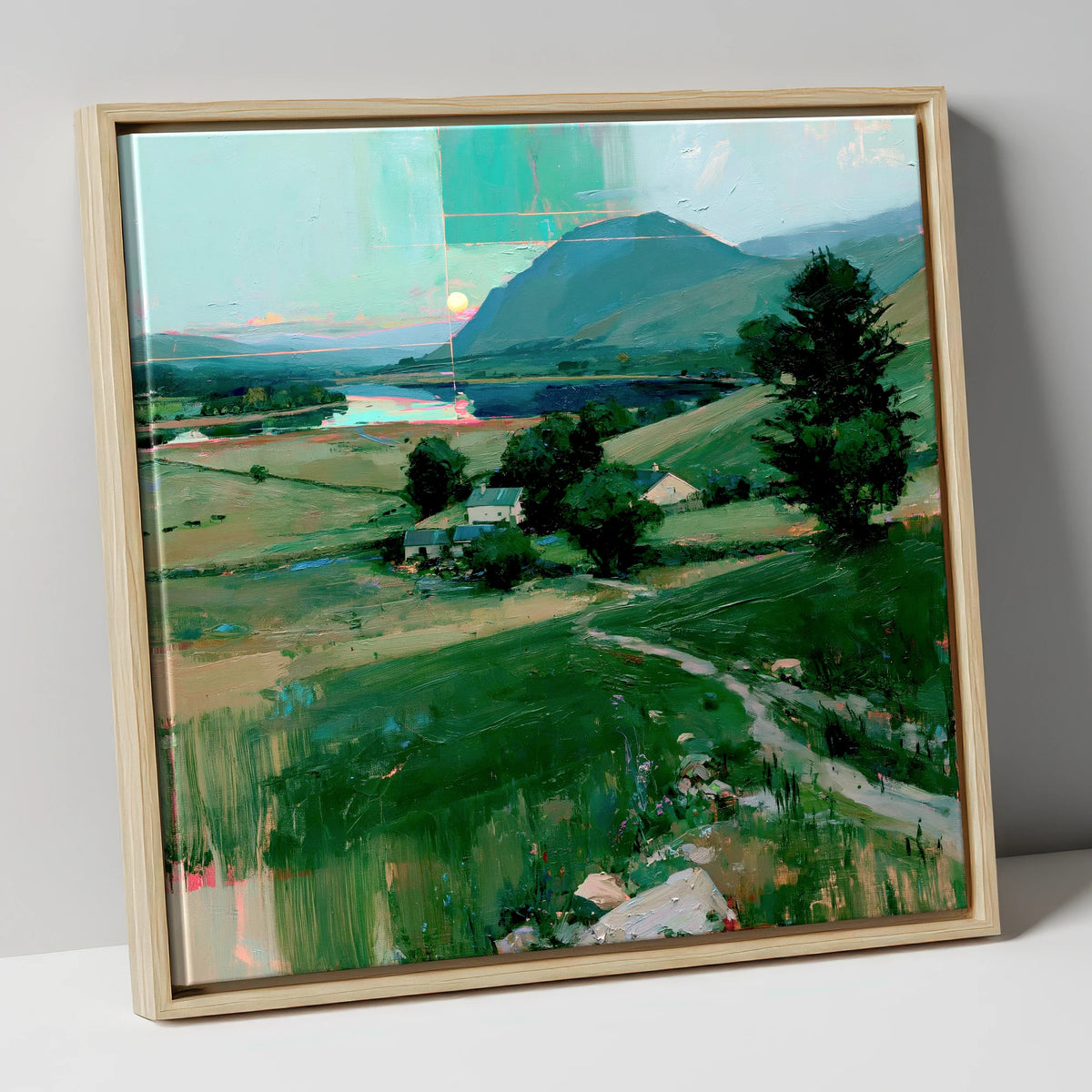 Neon Sunrise Over Lakeland Valley lake district lake canvas wall art in natural frame