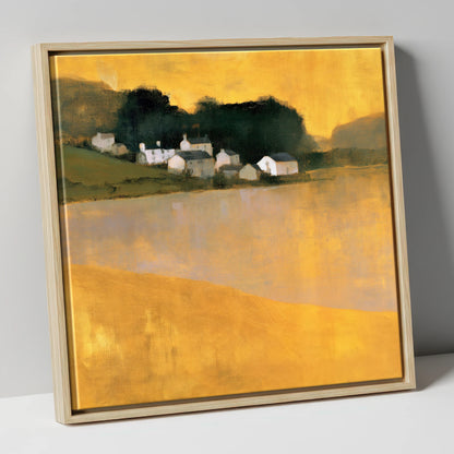 Lakeside Village in Golden Ochre lake district village canvas wall art in natural frame