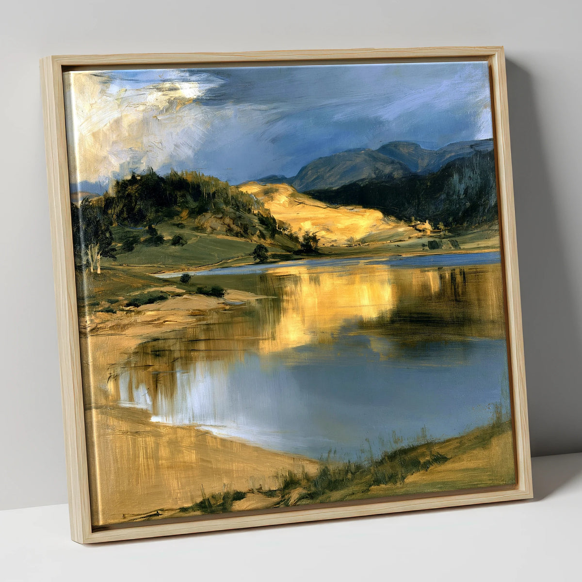Lake Reflections in Golden Light lake district lake canvas wall art in natural frame