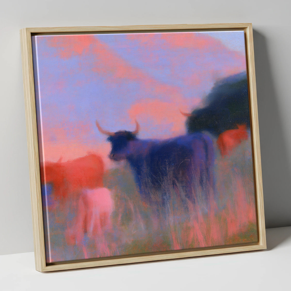 Highland Cattle in Violet Dusk lake district wildlife canvas wall art in natural frame