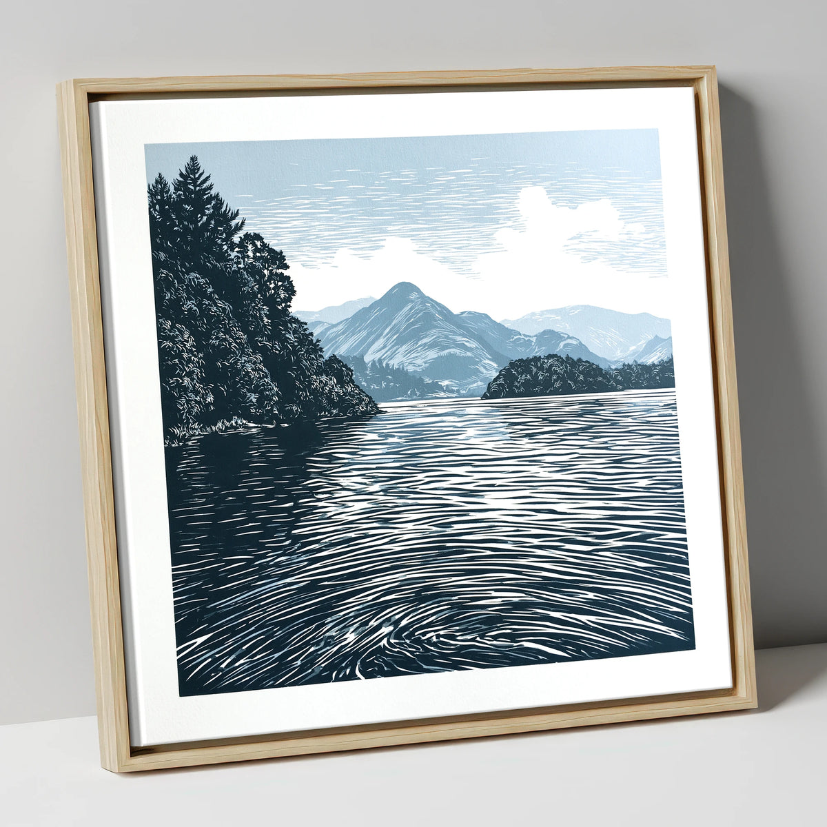 Derwentwater in Slate and Navy lake district lake canvas wall art in natural frame