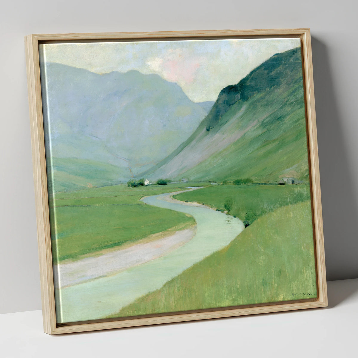 Winding River Below Pastel Fells lake district waterfall canvas wall art in natural frame