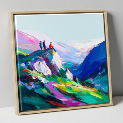 Climbers on a Vibrant Crag lake district walking canvas wall art in natural frame
