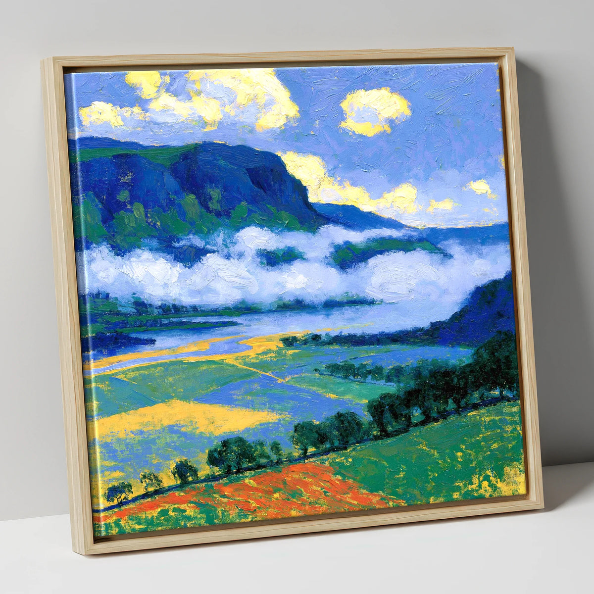 Blue Fells And Valley Mist lake district sky canvas wall art in natural frame