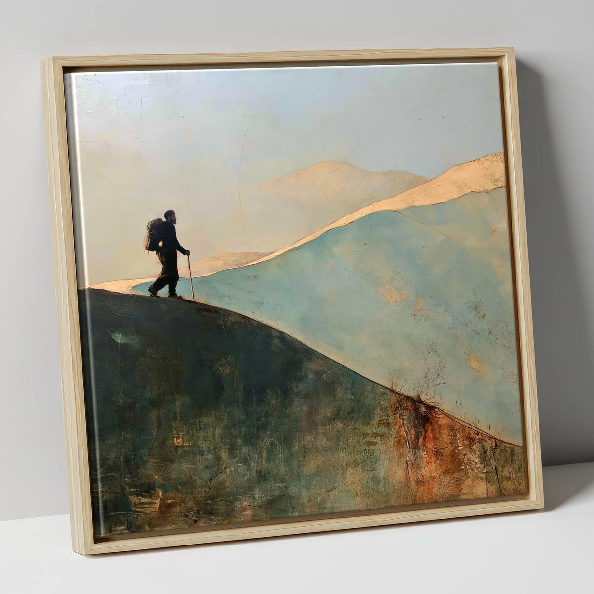 Silhouette Walker on Fell Ridge lake district walking canvas wall art in natural frame