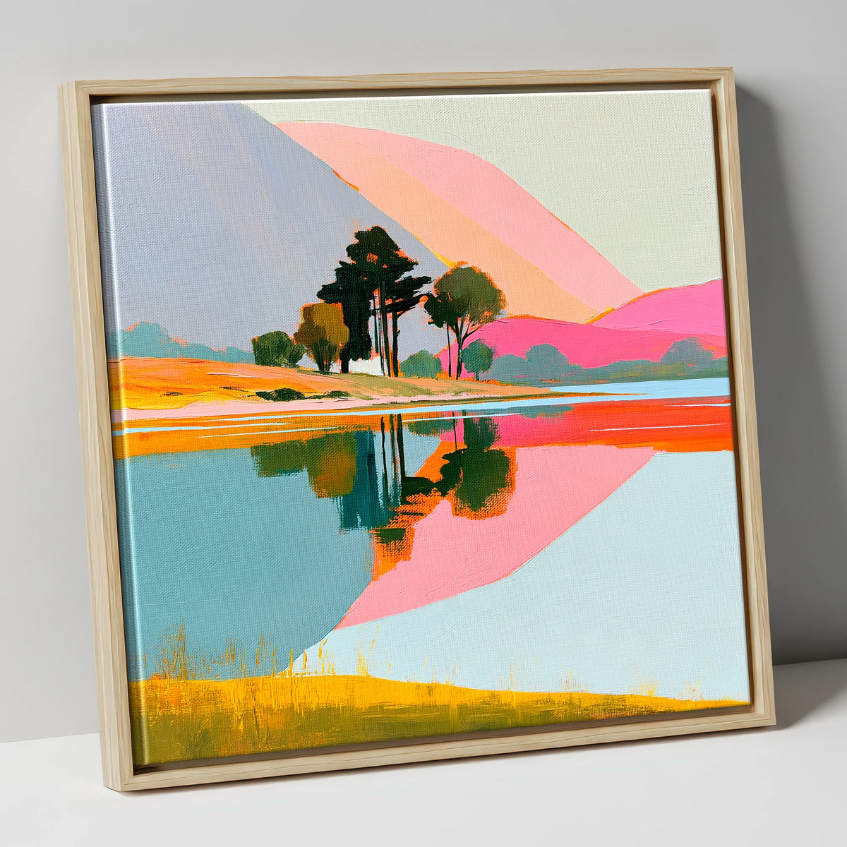 Pink Fells and Lake Reflections lake district lake canvas wall art in natural frame