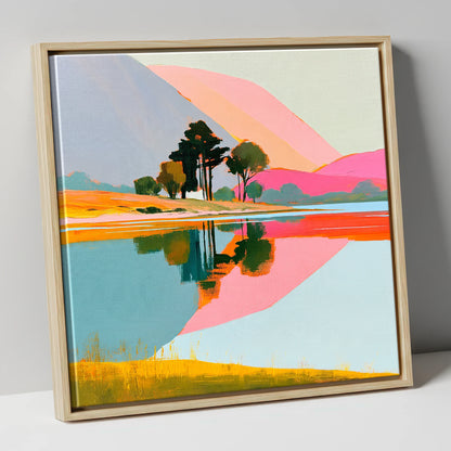 Pink Fells and Lake Reflections lake district lake canvas wall art in natural frame