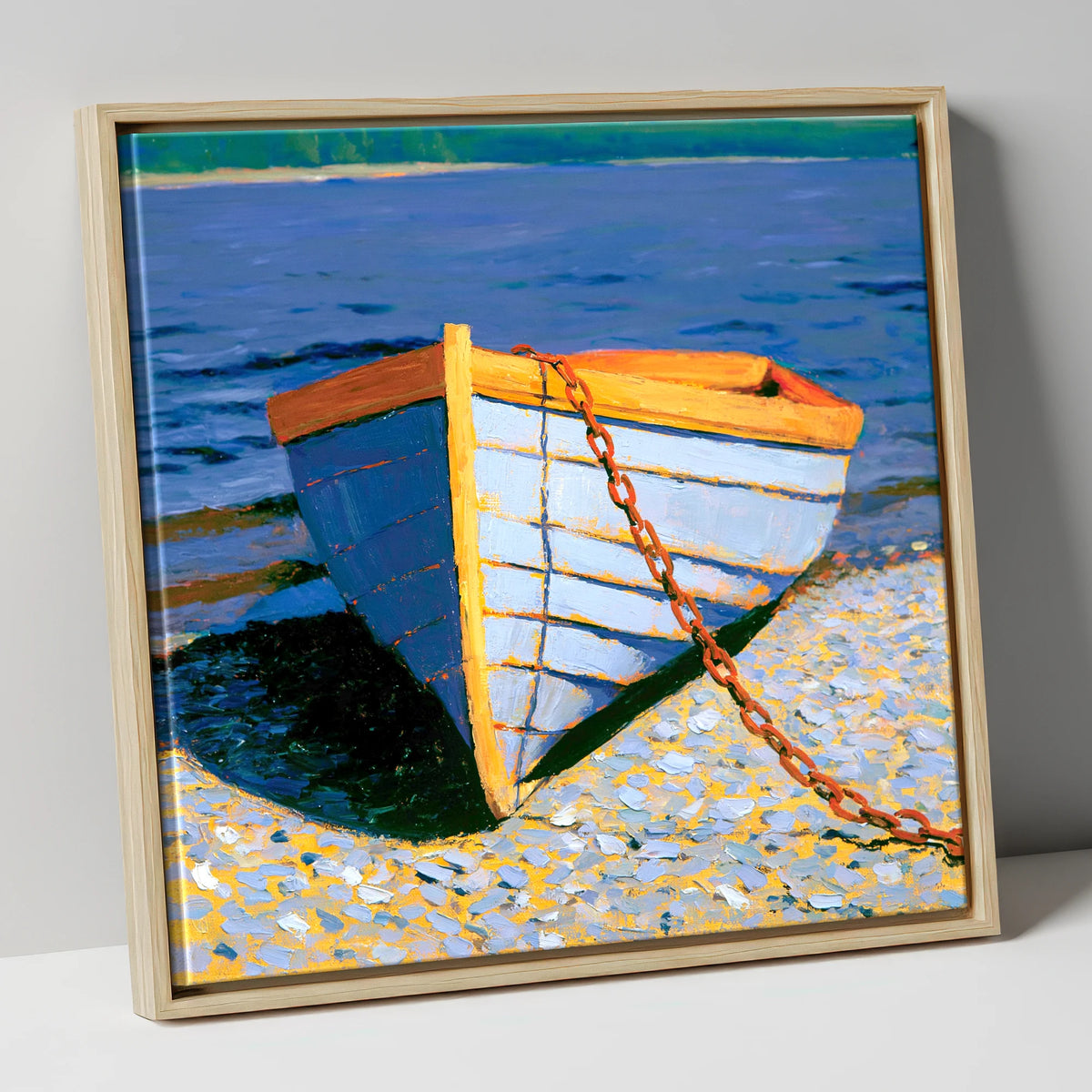 Blue Wooden Boat on Windermere lake district lake canvas wall art in natural frame