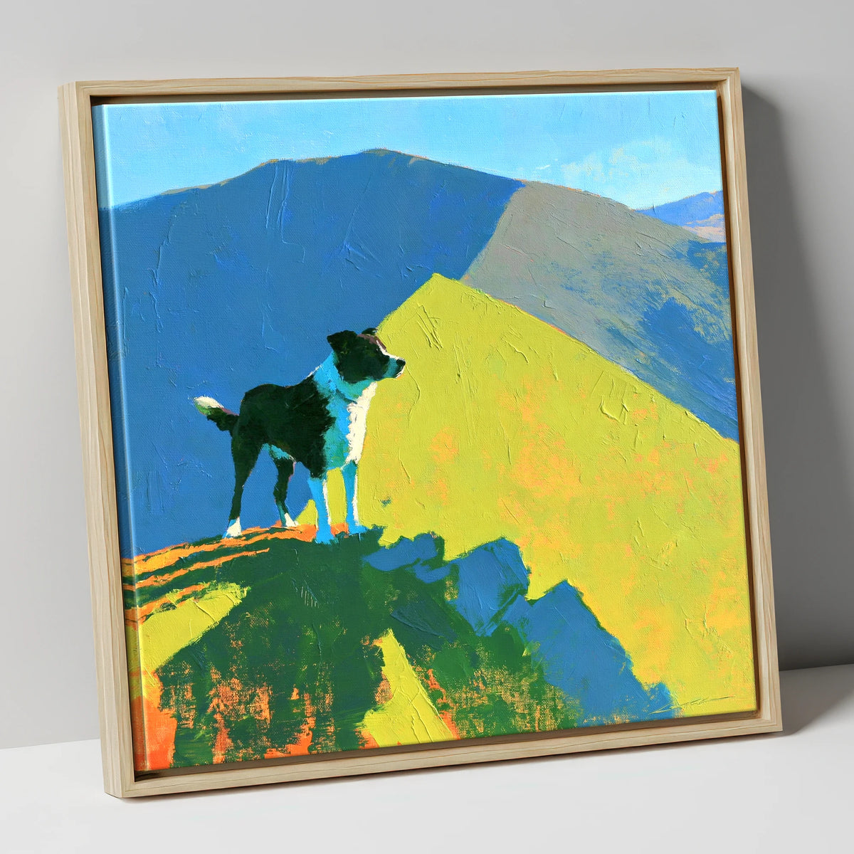 Vibrant Dog on Skiddaw Summit gifts for dog walkers canvas wall art in natural frame