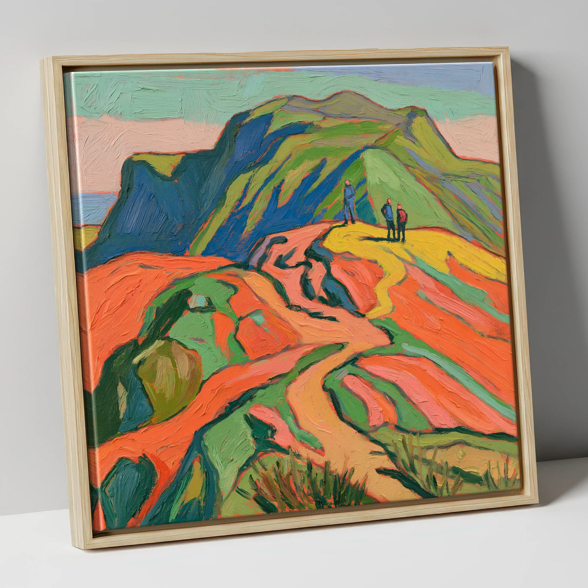 Vibrant Fell Walkers on the Ridge lake district fell canvas wall art in natural frame