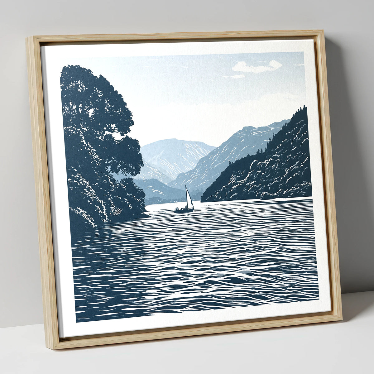 Ullswater Sailboat in Navy Blue lake district lake canvas wall art in natural frame