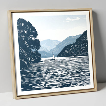 Ullswater Sailboat in Navy Blue lake district lake canvas wall art in natural frame