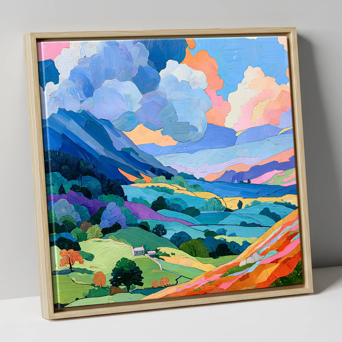 Colourful Fells Under Billowing Clouds lake district fell canvas wall art in natural frame