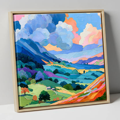 Colourful Fells Under Billowing Clouds lake district fell canvas wall art in natural frame