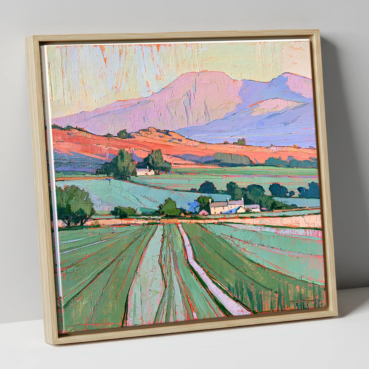 Golden Evening Fells and Farmland lake district sky canvas wall art in natural frame