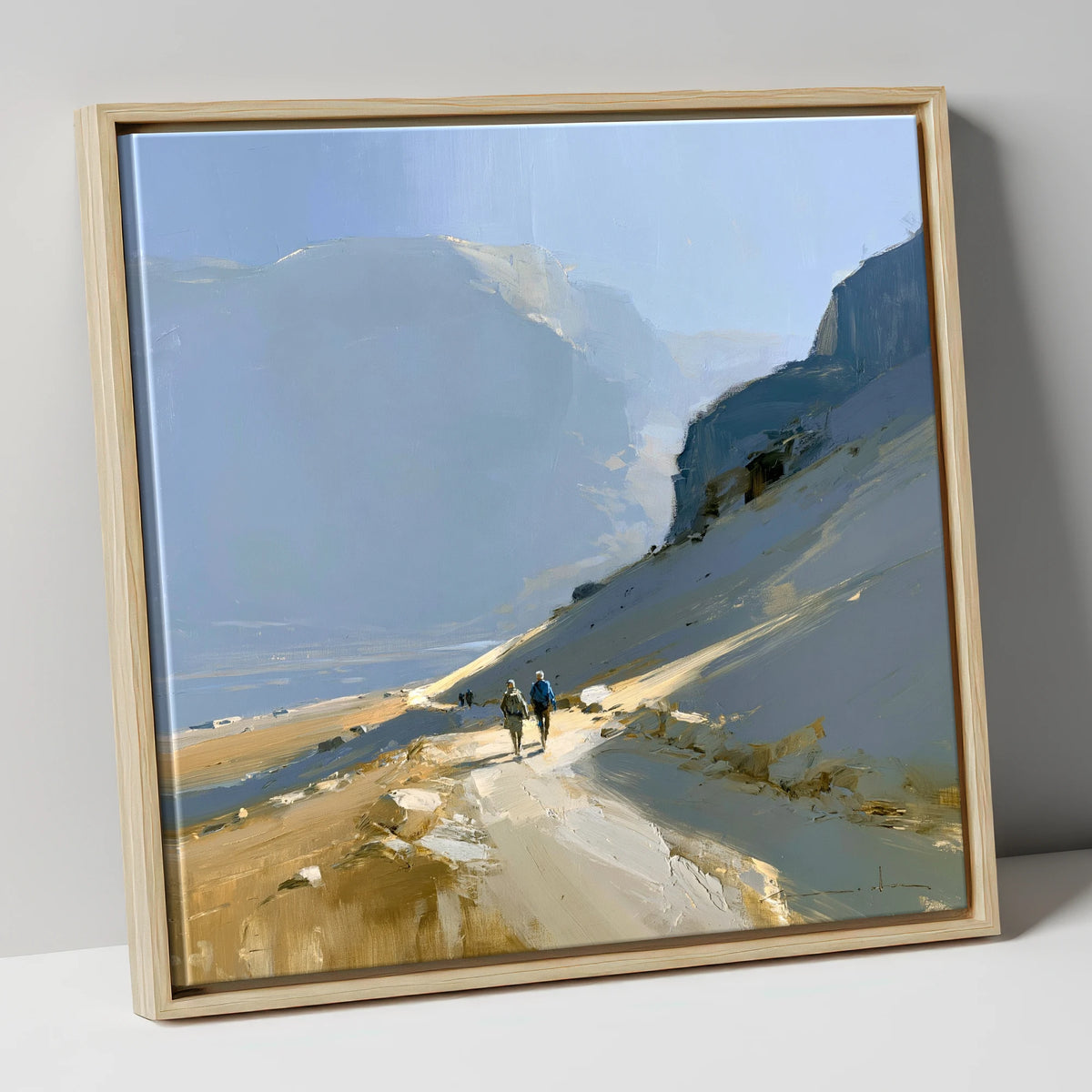 Walkers on a Golden Mountain Path lake district walking canvas wall art in natural frame