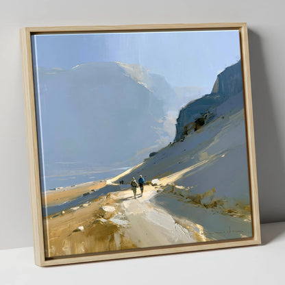 Walkers on a Golden Mountain Path lake district walking canvas wall art in natural frame
