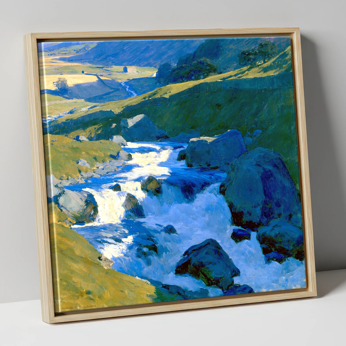 Sunlit Rushing Fellside Beck lake district waterfall canvas wall art in natural frame