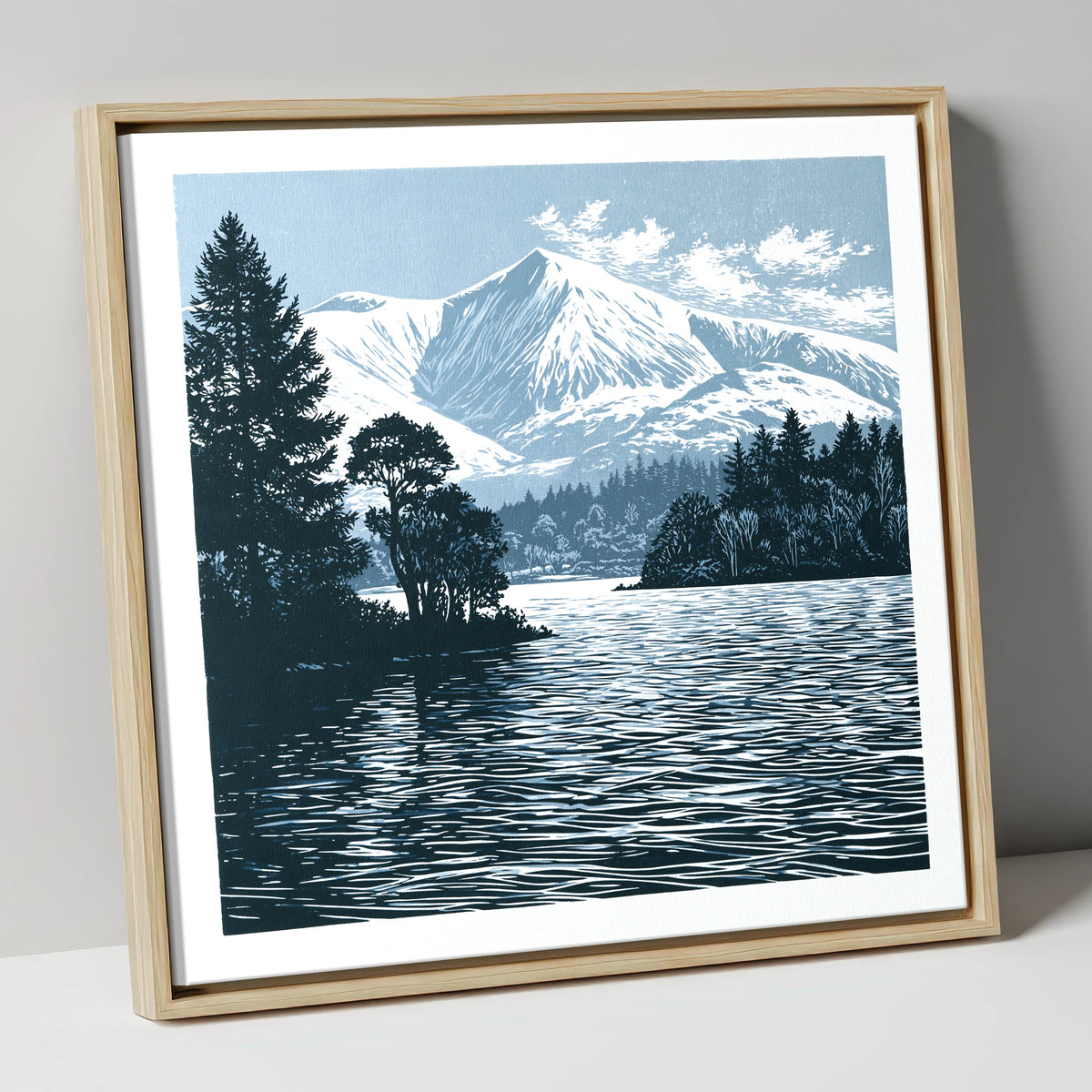 Winter Skiddaw in Deep Blue lake district fell canvas wall art in natural frame