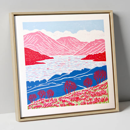Bold Pink Fells Above Ennerdale lake district valley canvas wall art in natural frame