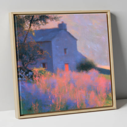 Stone Cottage in Pink Twilight lake district village canvas wall art in natural frame