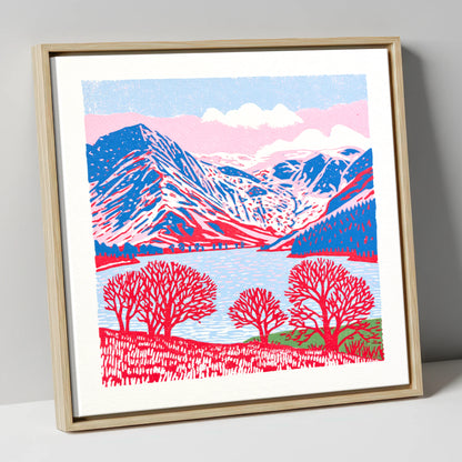 Graphic Buttermere in Red and Blue lake district lake canvas wall art in natural frame