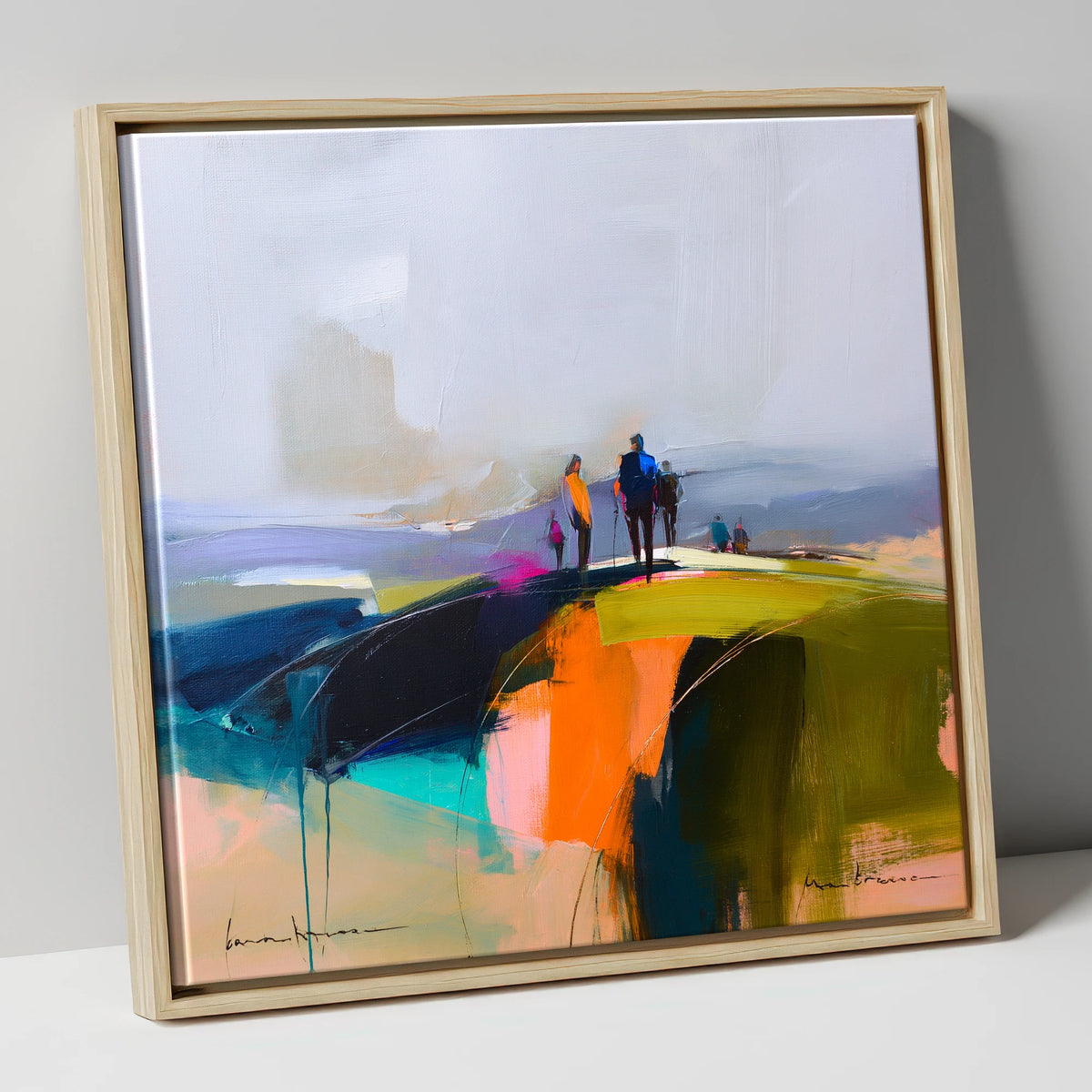 Abstract Fell Top Walkers lake district fell canvas wall art in natural frame