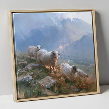 Herdwick Sheep on a Sunlit Fell lake district wildlife canvas wall art in natural frame