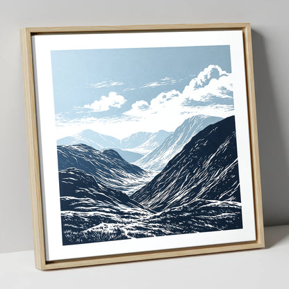 High Summit Valley in Navy lake district fell canvas wall art in natural frame